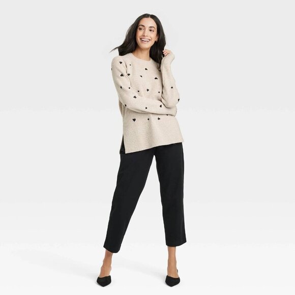 Medium - Womens Hearts Crewneck Pullover Sweater - A New Day - Taupe - Picture 2 of 6